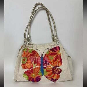 Brighton Corabella Canvas Butterfly Shoulder Bag Purse Beige Silver Accents